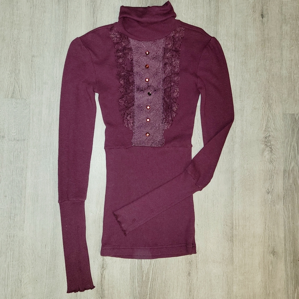 FREE PEOPLE 💜 Cut-out Back ~ Long Sleeve ~ Turtleneck ~ Plum Purple